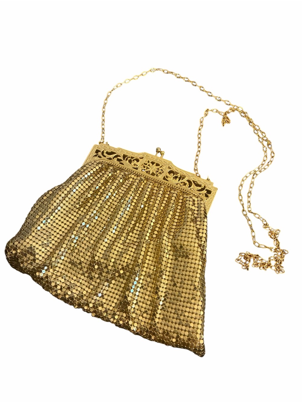 Whiting & Davis Vintage Gold Metal Mesh Evening Bag Filigree Frame Kiss Lock